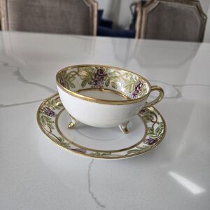 Nippon Hand Painted Gold Trim Tea Cup and Saucer Japanese China rare